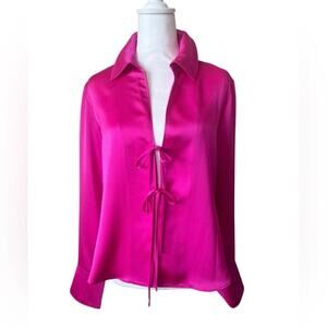 WILD FABLE HOT PINK WOMENS BLOUSE FRONT TIES LARGE CUFF SLEEVES